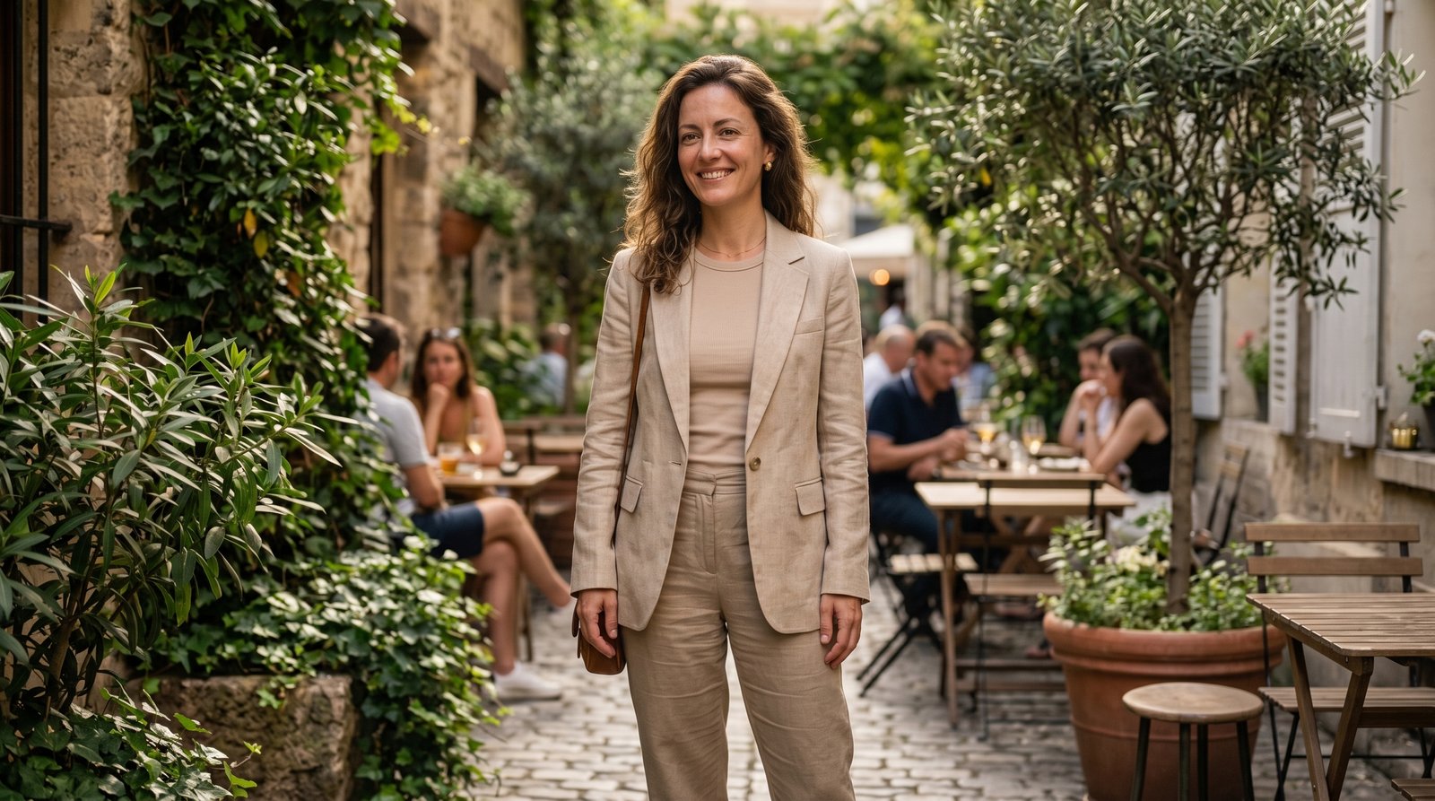 Shopper realistically wearing selected sand blazer